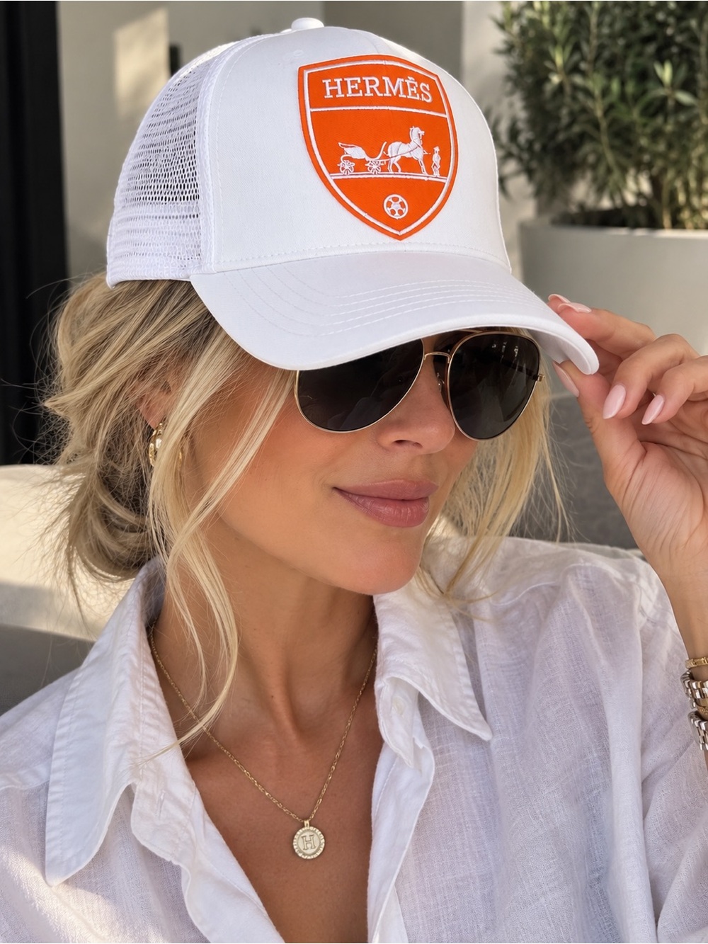Hermes up-cycled white and orange baseball hat - new no tags
